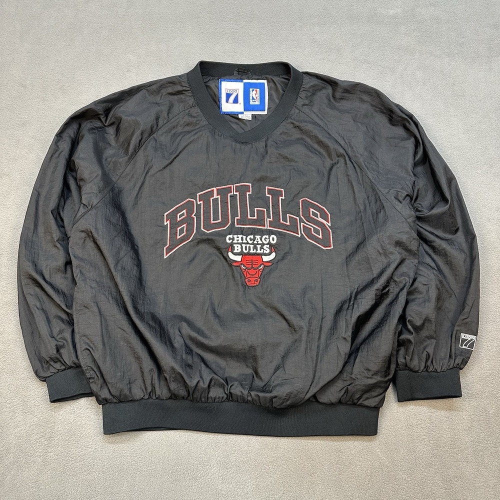 Logo 7 Chicago Bulls Warm Up Windbreaker Pullover Large Black Basketball Vintage